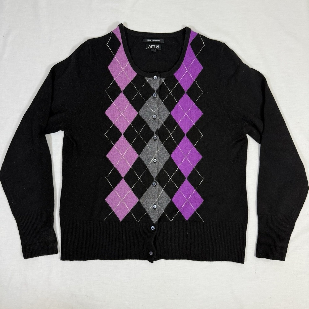 Apt 9 Womens Sz XL Button Up Cardigan Sweater 100% Cashmere Argyle Black Purple
